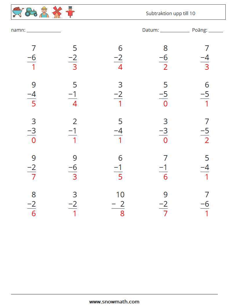 (25) Subtraktion upp till 10 Matematiska arbetsblad 6 Fråga, svar