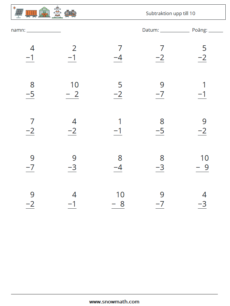 (25) Subtraktion upp till 10 Matematiska arbetsblad 7