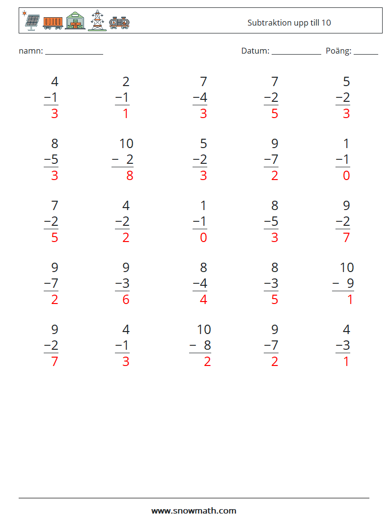 (25) Subtraktion upp till 10 Matematiska arbetsblad 7 Fråga, svar