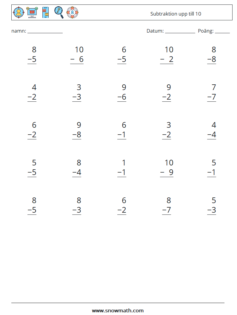 (25) Subtraktion upp till 10 Matematiska arbetsblad 8