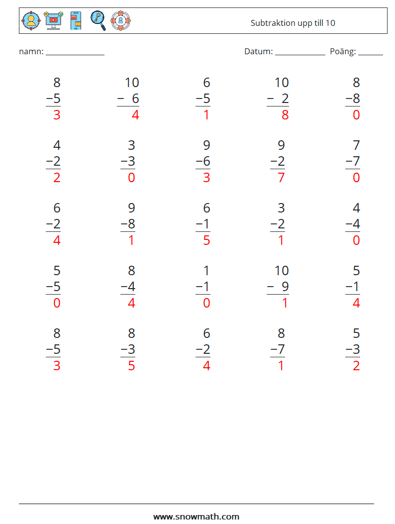 (25) Subtraktion upp till 10 Matematiska arbetsblad 8 Fråga, svar