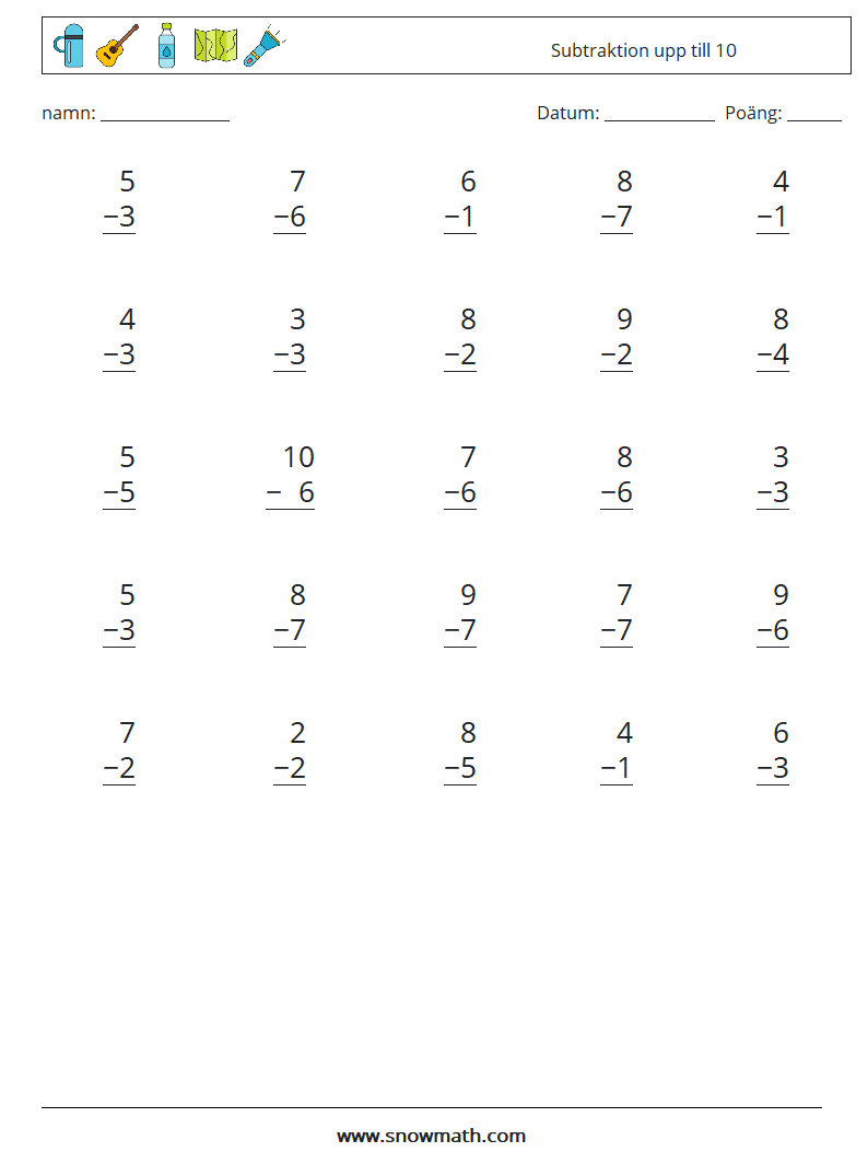 (25) Subtraktion upp till 10 Matematiska arbetsblad 9