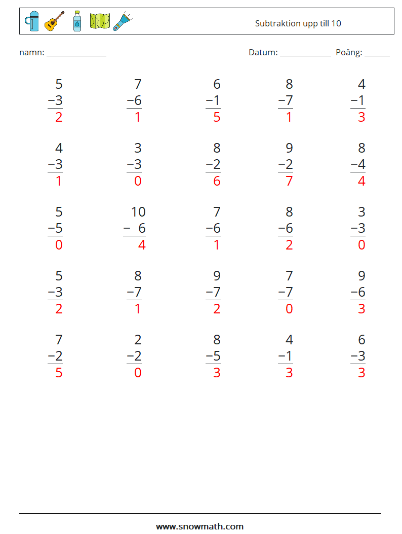 (25) Subtraktion upp till 10 Matematiska arbetsblad 9 Fråga, svar