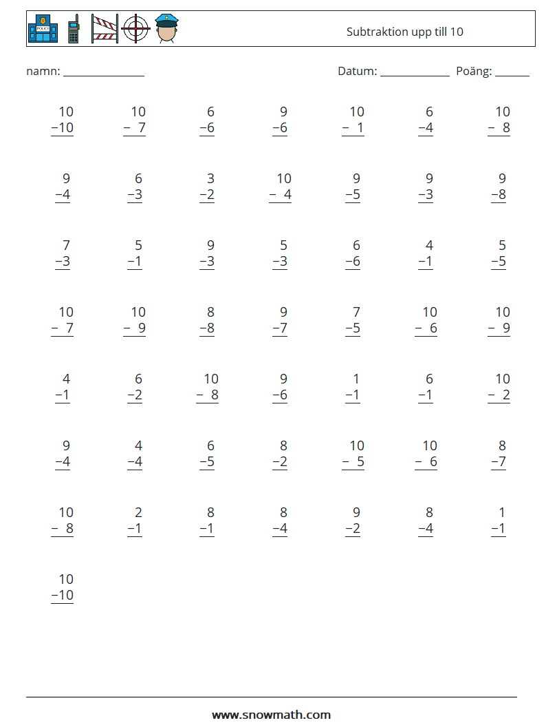 (50) Subtraktion upp till 10