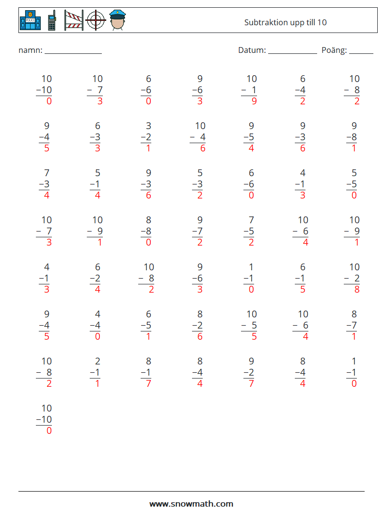 (50) Subtraktion upp till 10 Matematiska arbetsblad 1 Fråga, svar