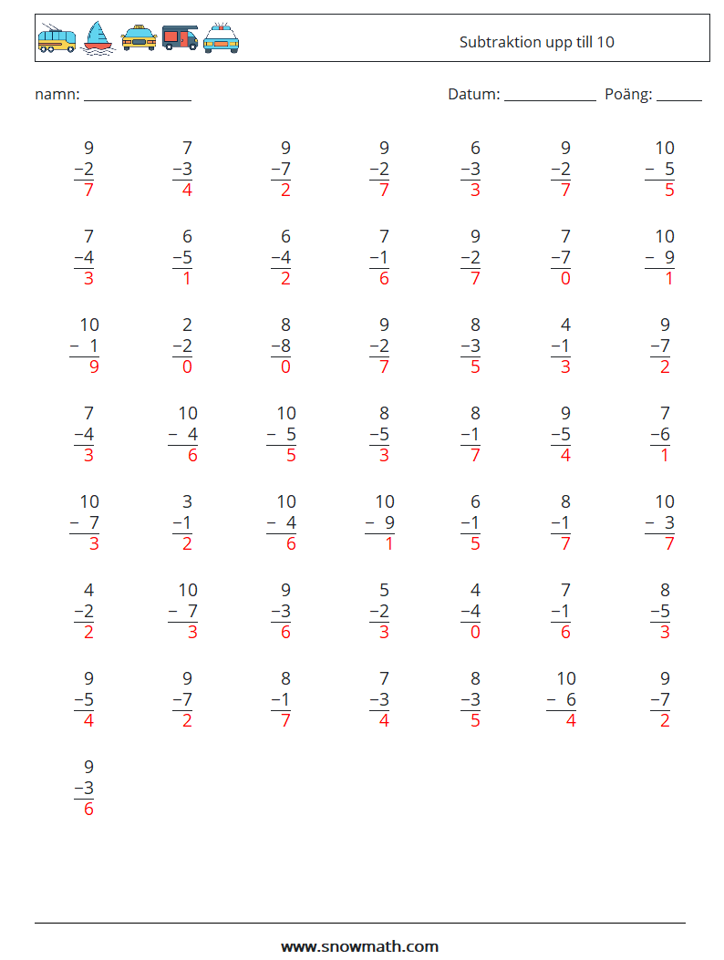 (50) Subtraktion upp till 10 Matematiska arbetsblad 2 Fråga, svar