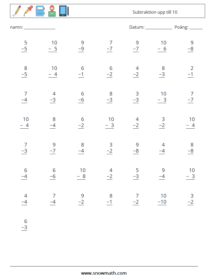 (50) Subtraktion upp till 10 Matematiska arbetsblad 3