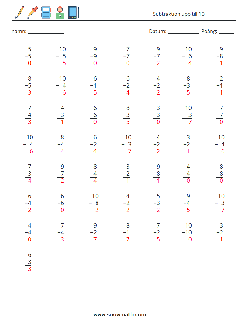 (50) Subtraktion upp till 10 Matematiska arbetsblad 3 Fråga, svar