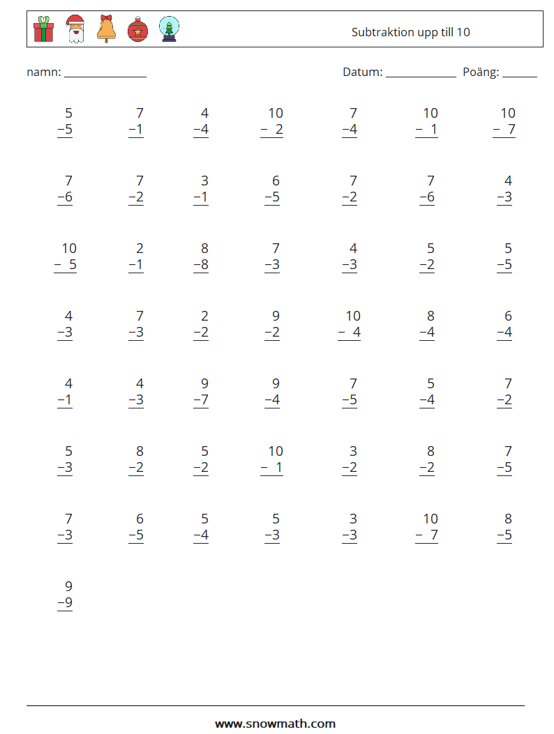 (50) Subtraktion upp till 10 Matematiska arbetsblad 4