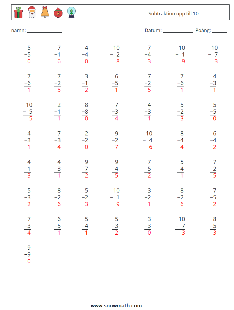 (50) Subtraktion upp till 10 Matematiska arbetsblad 4 Fråga, svar