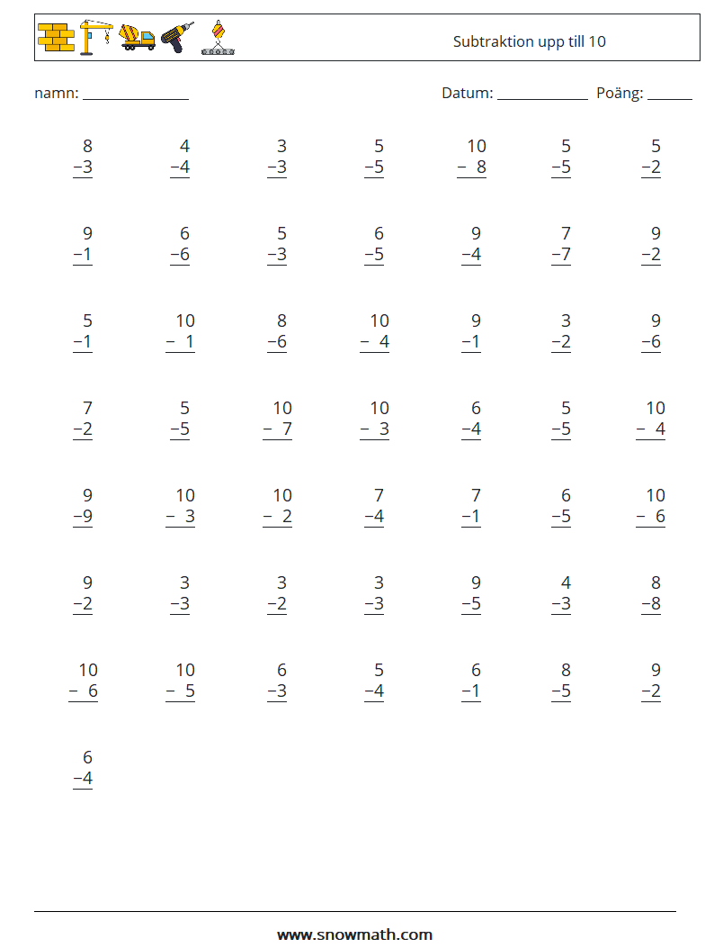 (50) Subtraktion upp till 10 Matematiska arbetsblad 6