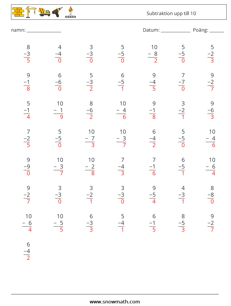 (50) Subtraktion upp till 10 Matematiska arbetsblad 6 Fråga, svar