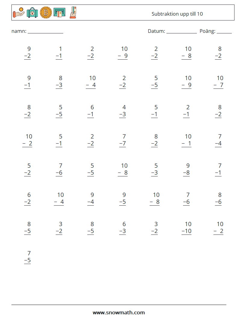 (50) Subtraktion upp till 10 Matematiska arbetsblad 7