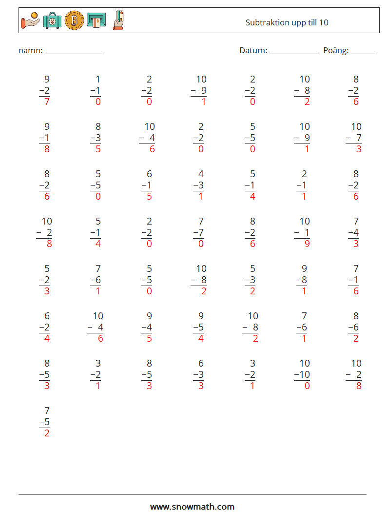 (50) Subtraktion upp till 10 Matematiska arbetsblad 7 Fråga, svar