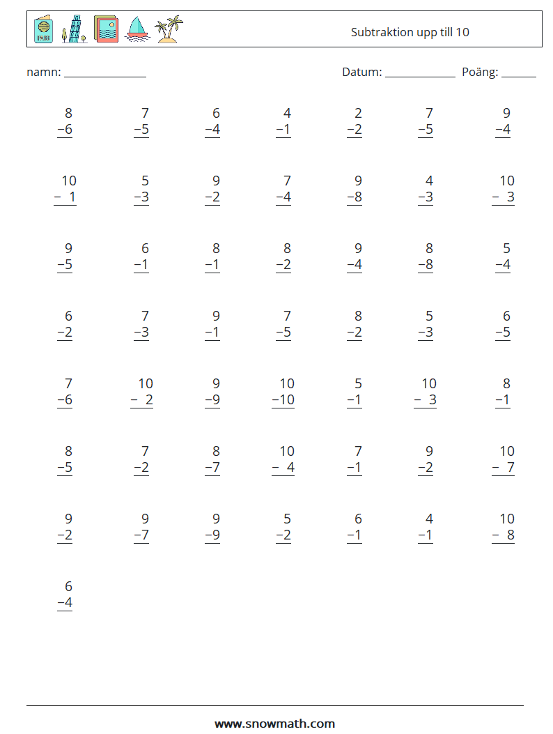 (50) Subtraktion upp till 10 Matematiska arbetsblad 8