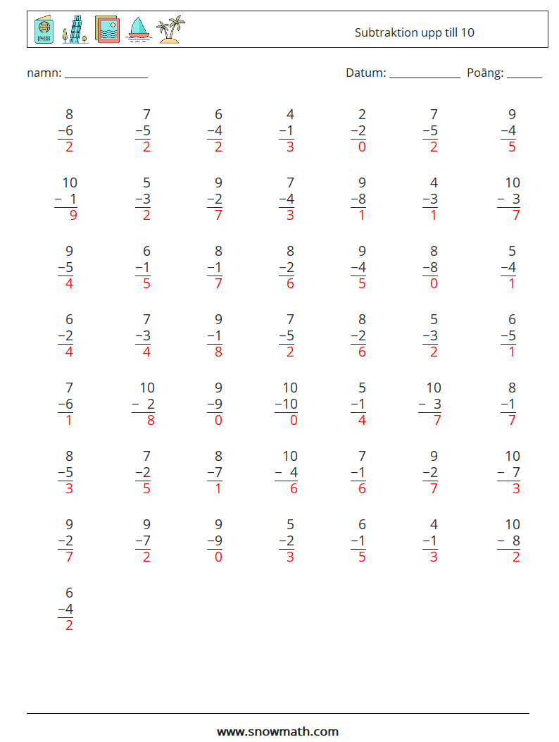 (50) Subtraktion upp till 10 Matematiska arbetsblad 8 Fråga, svar