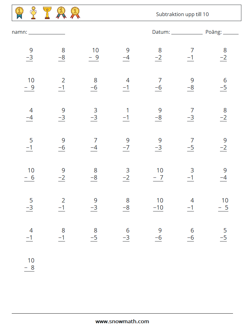 (50) Subtraktion upp till 10 Matematiska arbetsblad 9