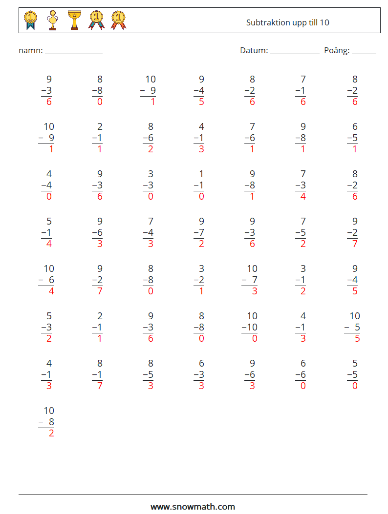 (50) Subtraktion upp till 10 Matematiska arbetsblad 9 Fråga, svar