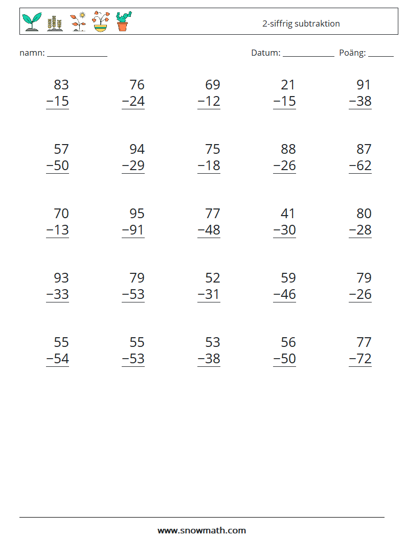 (25) 2-siffrig subtraktion Matematiska arbetsblad 10