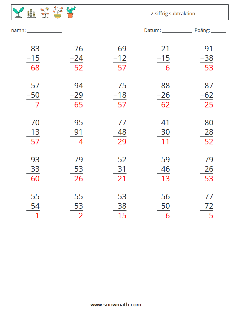 (25) 2-siffrig subtraktion Matematiska arbetsblad 10 Fråga, svar