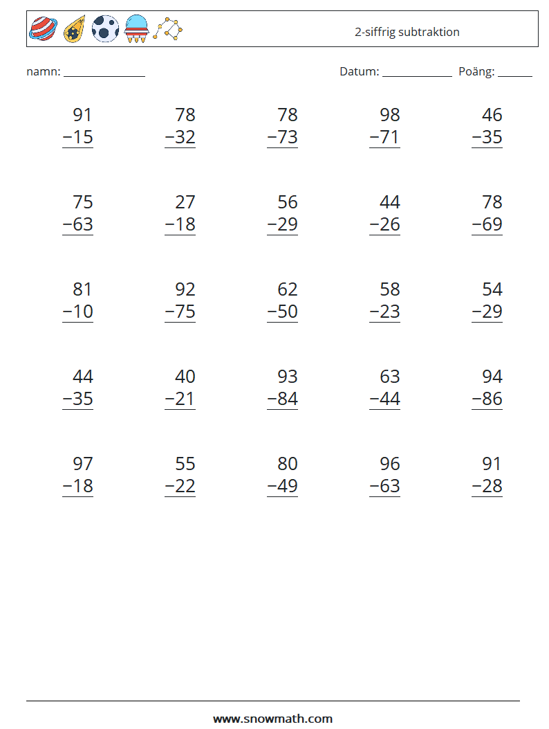 (25) 2-siffrig subtraktion Matematiska arbetsblad 11