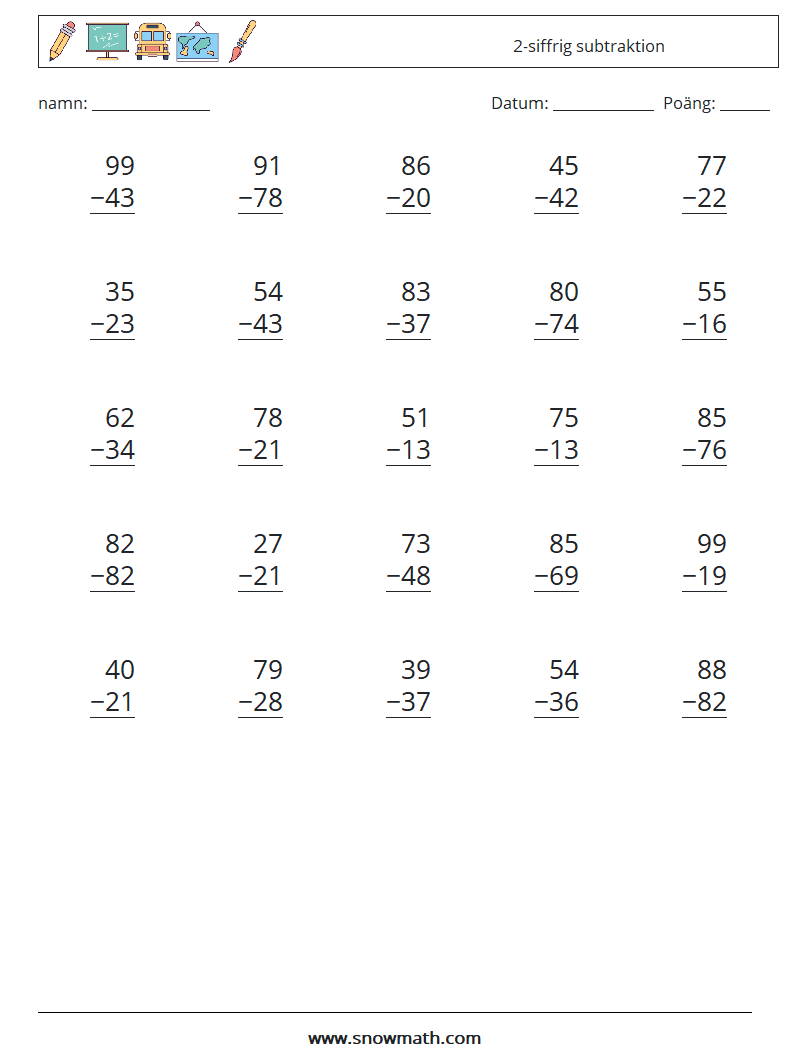 (25) 2-siffrig subtraktion Matematiska arbetsblad 12