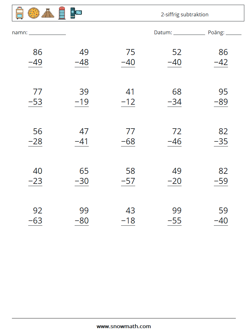 (25) 2-siffrig subtraktion Matematiska arbetsblad 13
