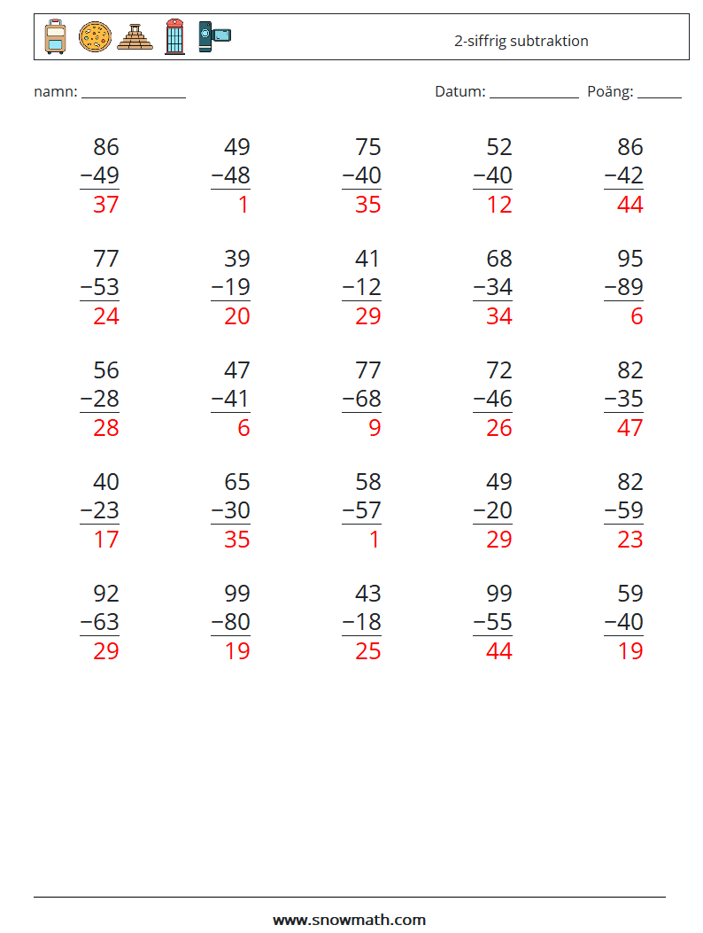 (25) 2-siffrig subtraktion Matematiska arbetsblad 13 Fråga, svar