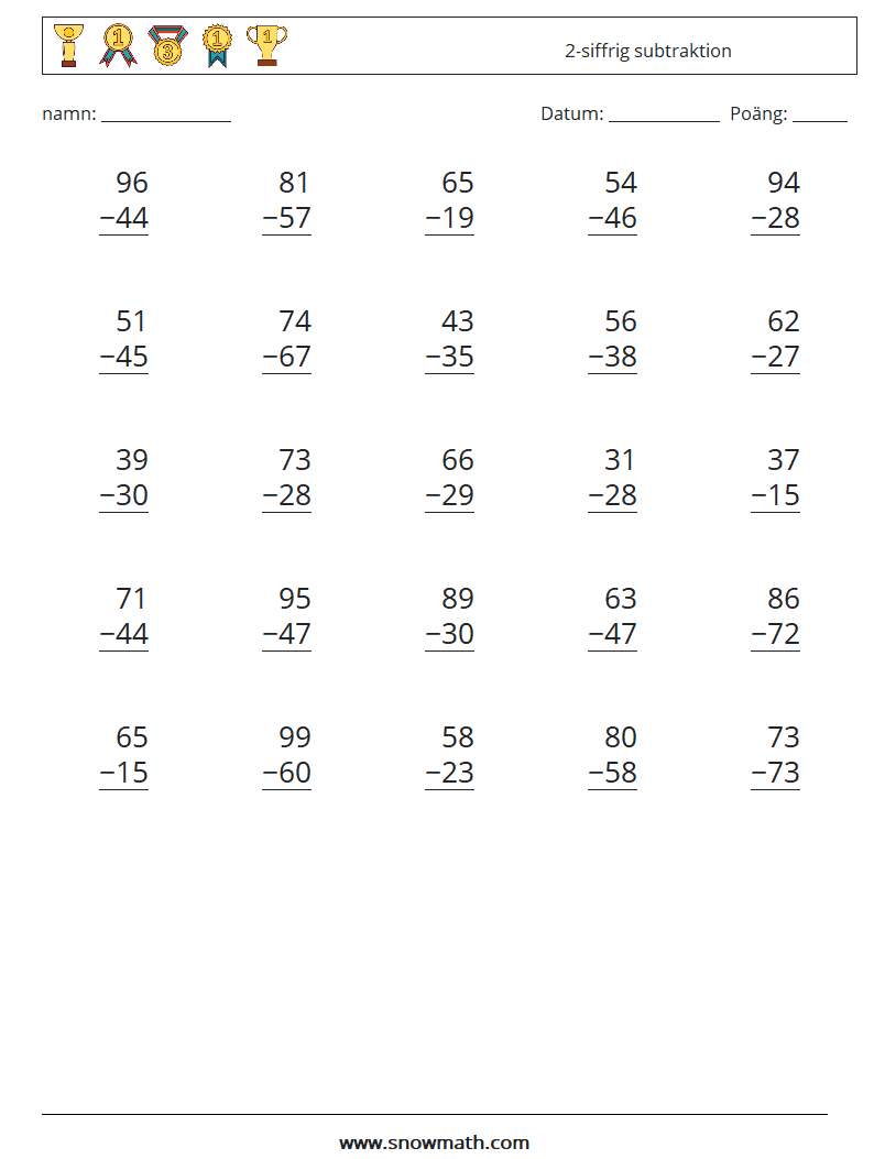 (25) 2-siffrig subtraktion Matematiska arbetsblad 14
