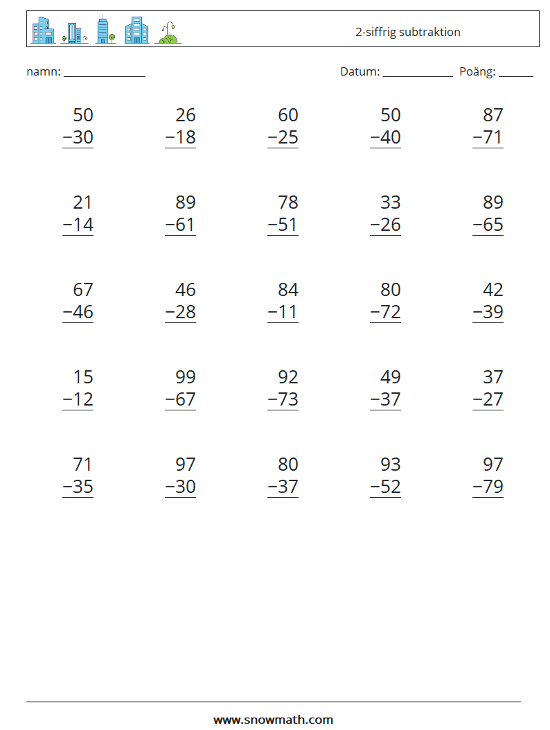 (25) 2-siffrig subtraktion Matematiska arbetsblad 15