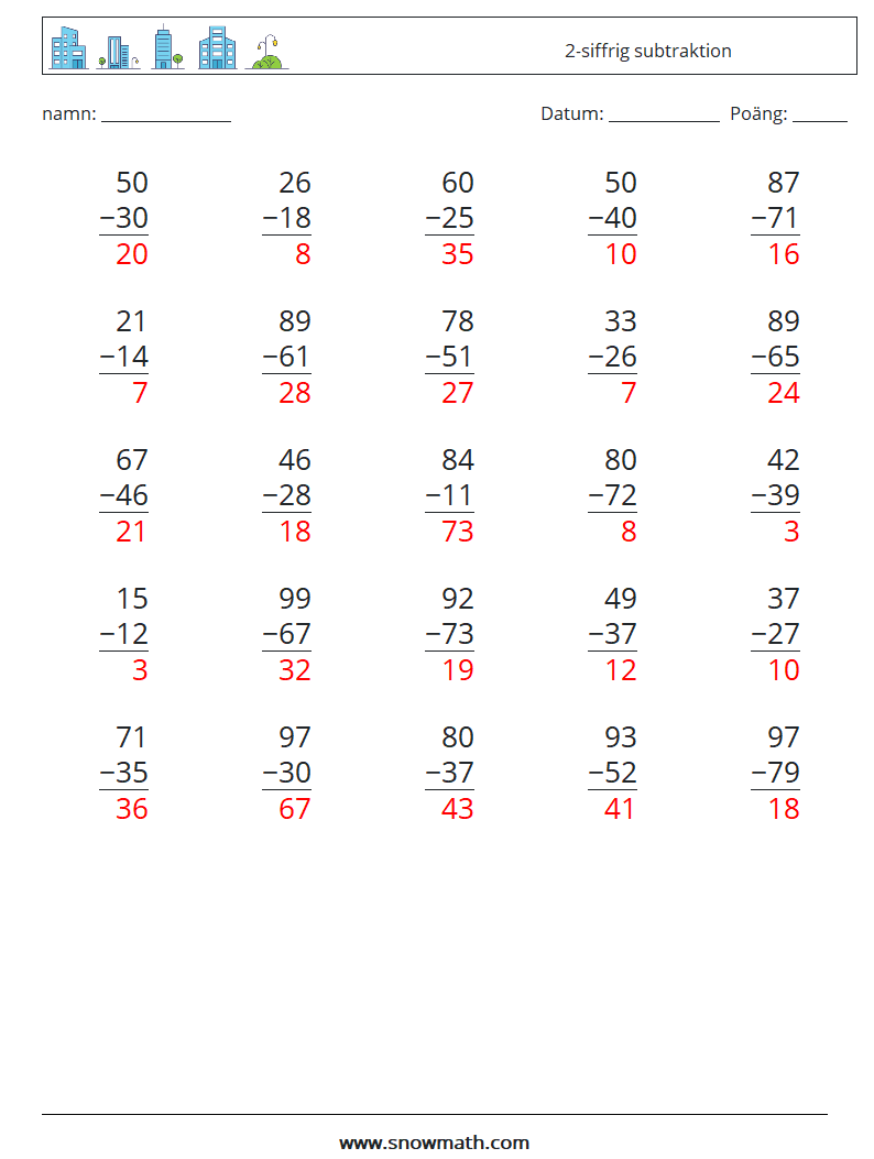 (25) 2-siffrig subtraktion Matematiska arbetsblad 15 Fråga, svar