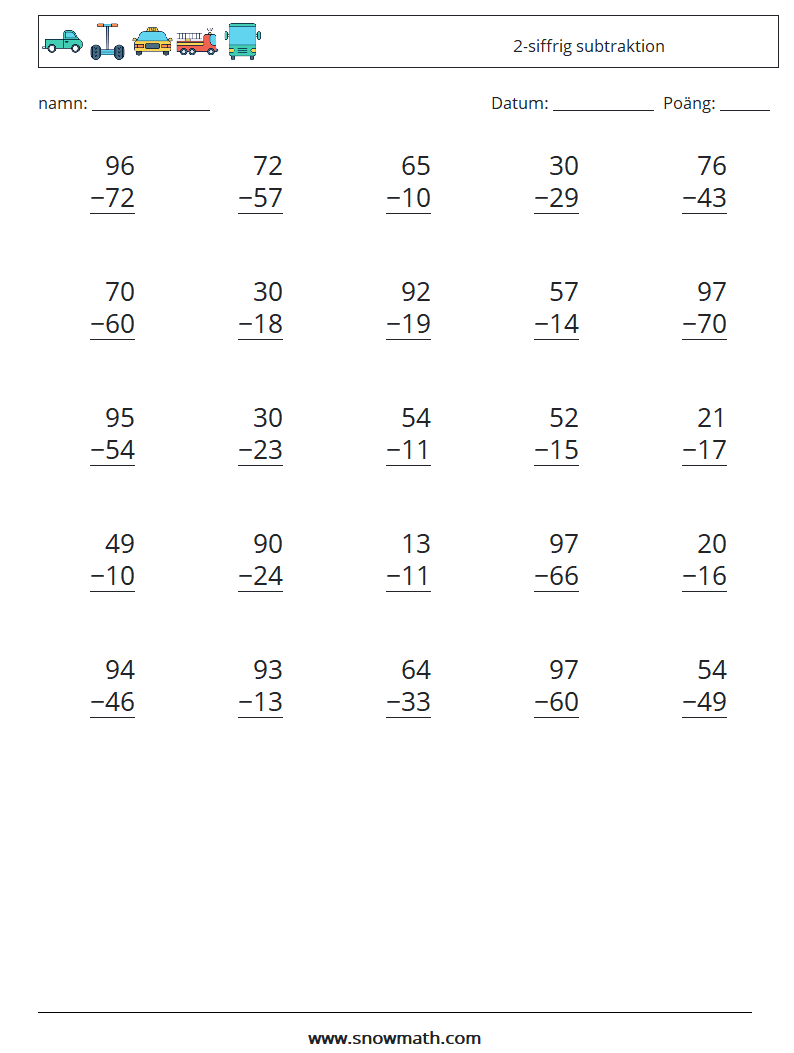 (25) 2-siffrig subtraktion Matematiska arbetsblad 16