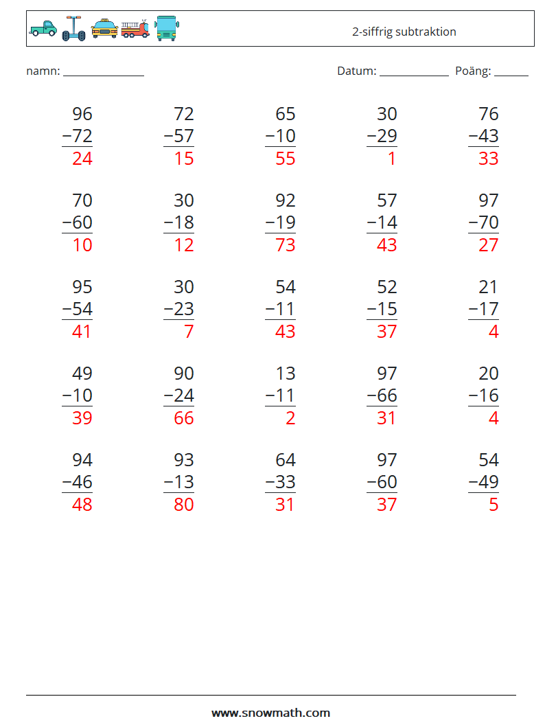 (25) 2-siffrig subtraktion Matematiska arbetsblad 16 Fråga, svar