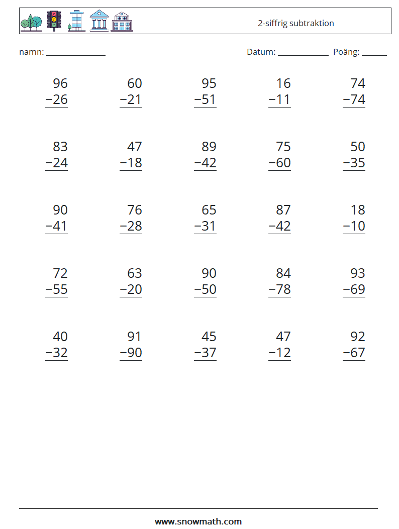 (25) 2-siffrig subtraktion Matematiska arbetsblad 17
