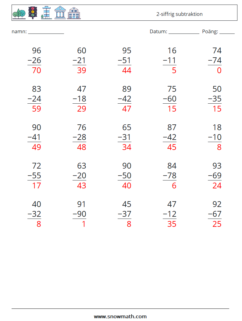 (25) 2-siffrig subtraktion Matematiska arbetsblad 17 Fråga, svar