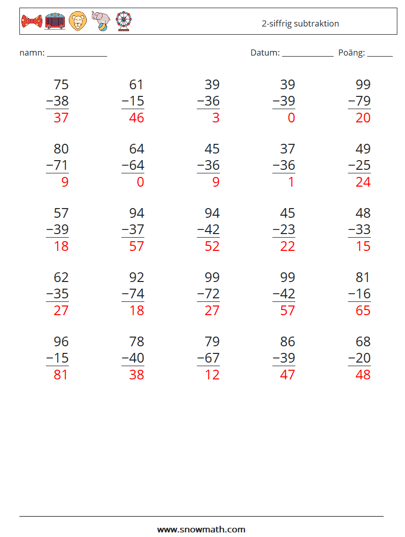 (25) 2-siffrig subtraktion Matematiska arbetsblad 18 Fråga, svar