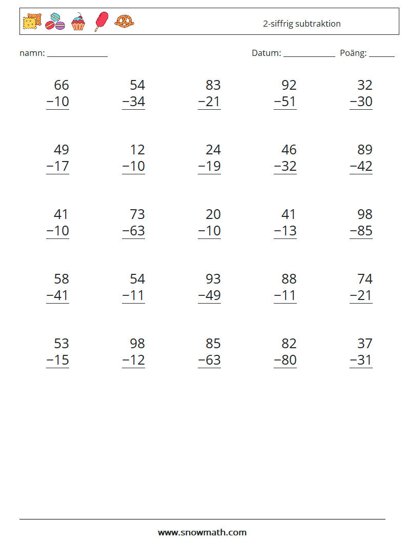 (25) 2-siffrig subtraktion Matematiska arbetsblad 2