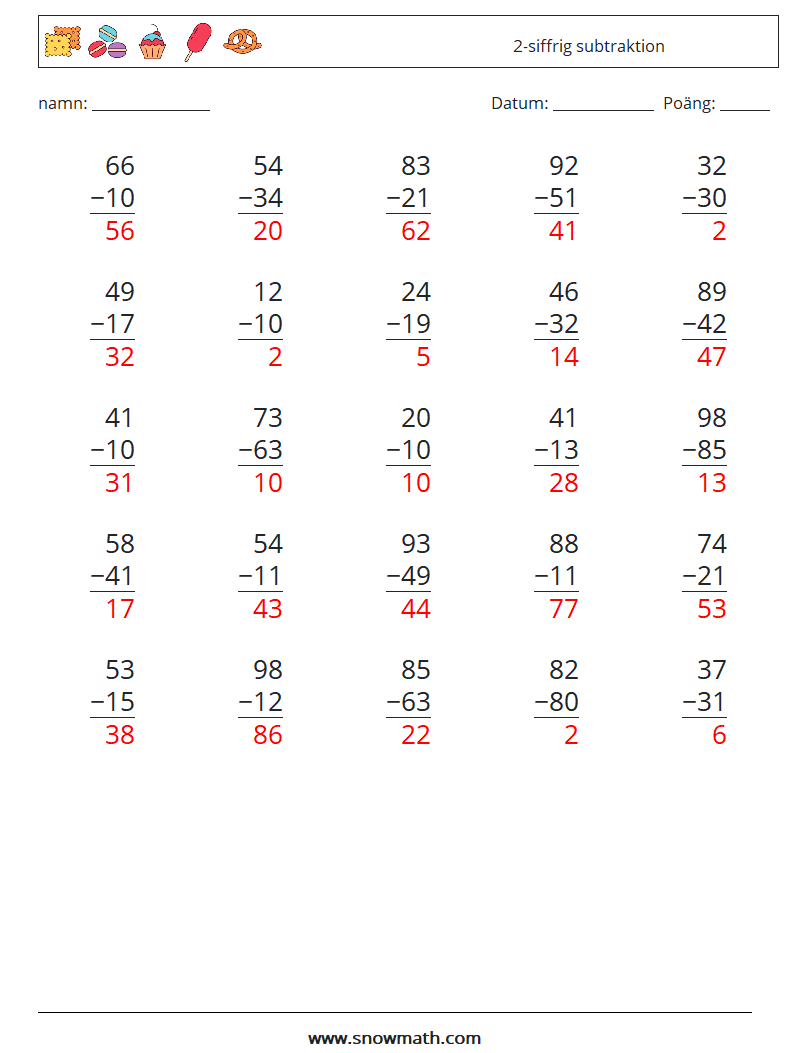 (25) 2-siffrig subtraktion Matematiska arbetsblad 2 Fråga, svar