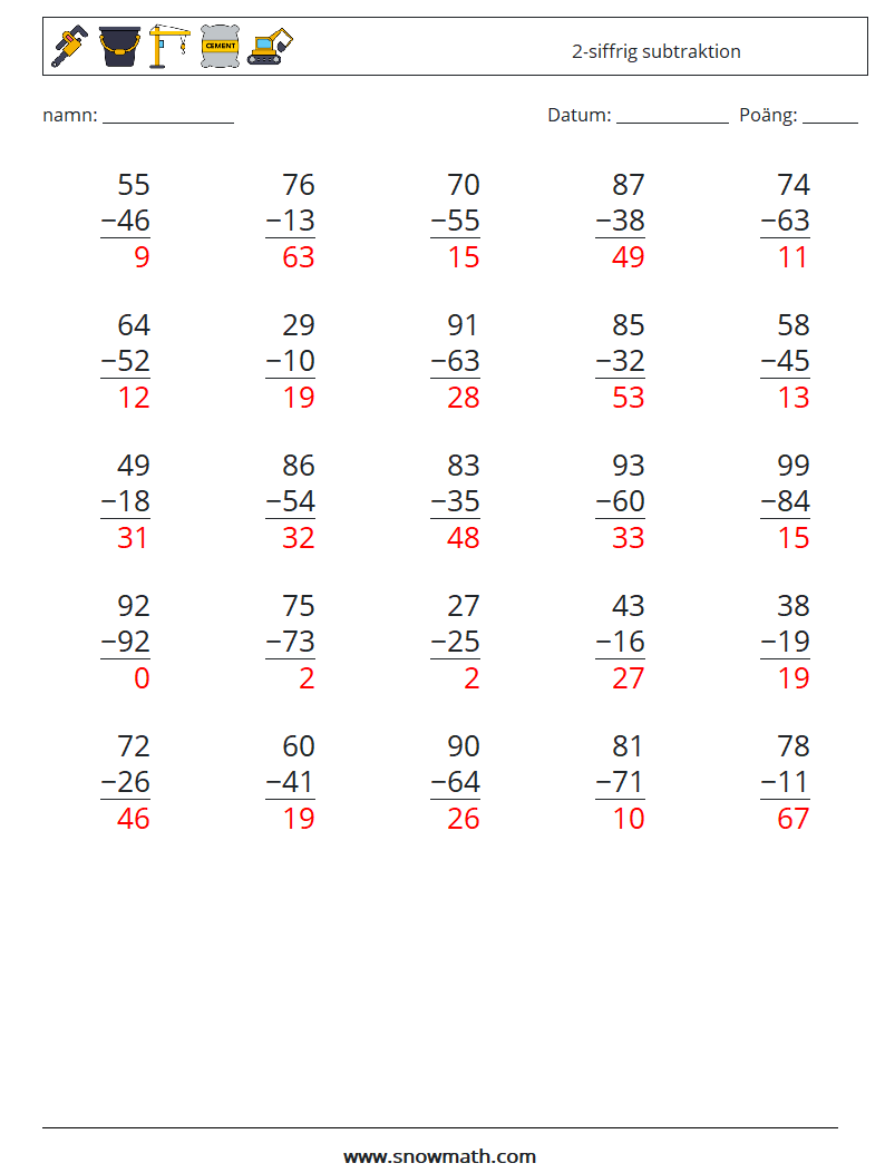 (25) 2-siffrig subtraktion Matematiska arbetsblad 3 Fråga, svar