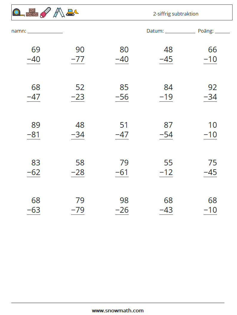 (25) 2-siffrig subtraktion Matematiska arbetsblad 4