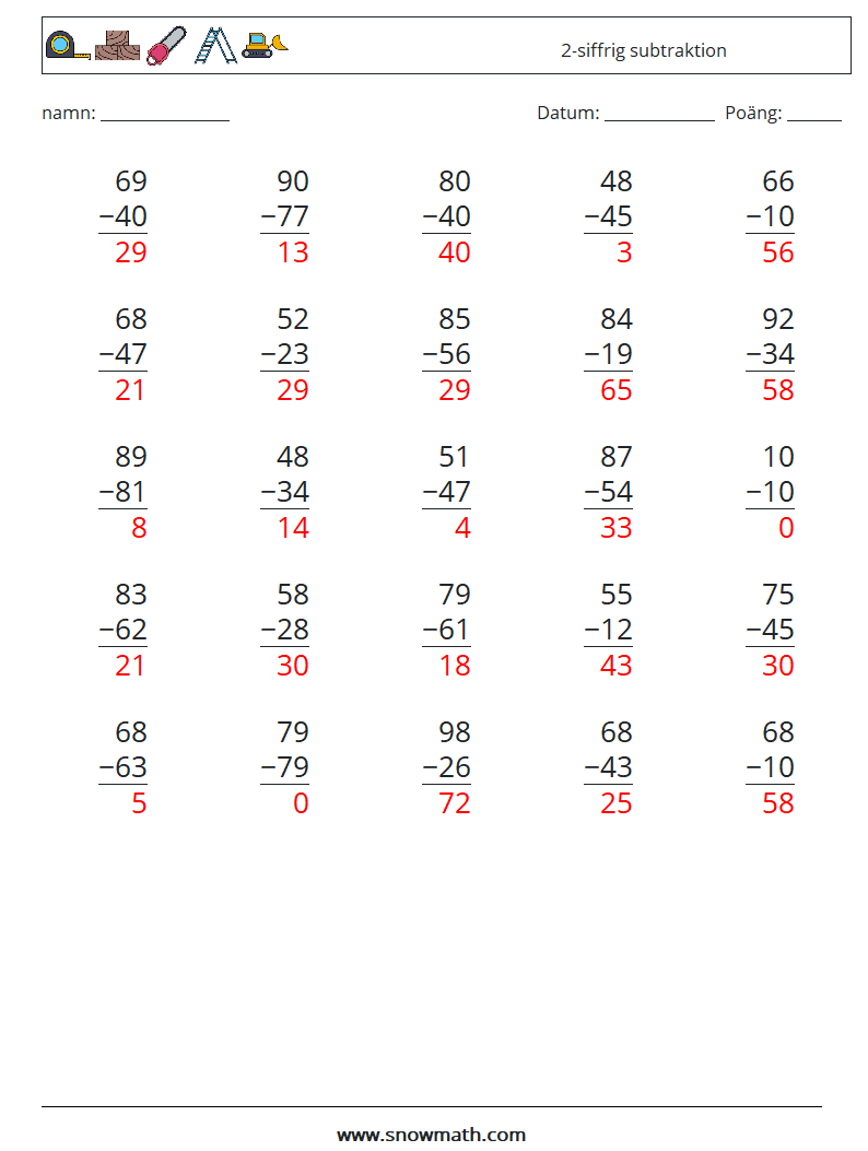 (25) 2-siffrig subtraktion Matematiska arbetsblad 4 Fråga, svar