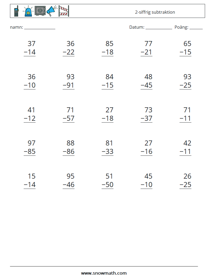 (25) 2-siffrig subtraktion Matematiska arbetsblad 5