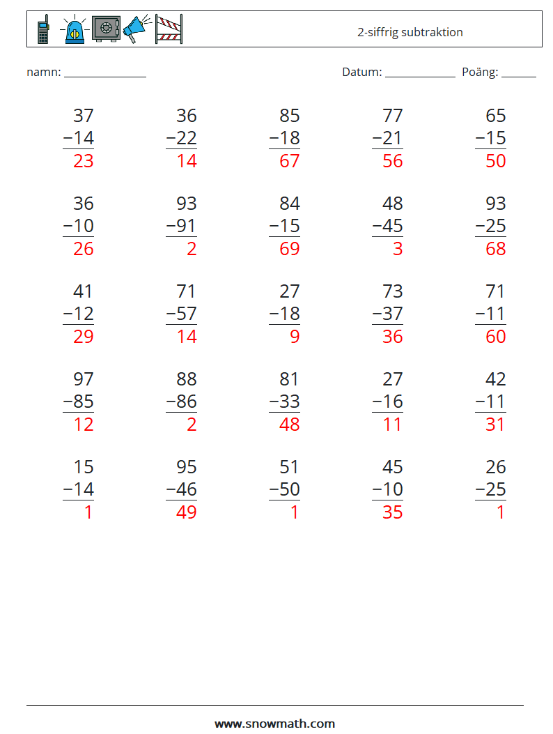 (25) 2-siffrig subtraktion Matematiska arbetsblad 5 Fråga, svar