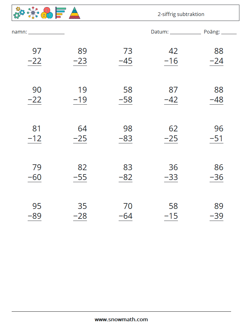 (25) 2-siffrig subtraktion Matematiska arbetsblad 6