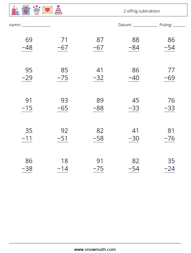 (25) 2-siffrig subtraktion Matematiska arbetsblad 7