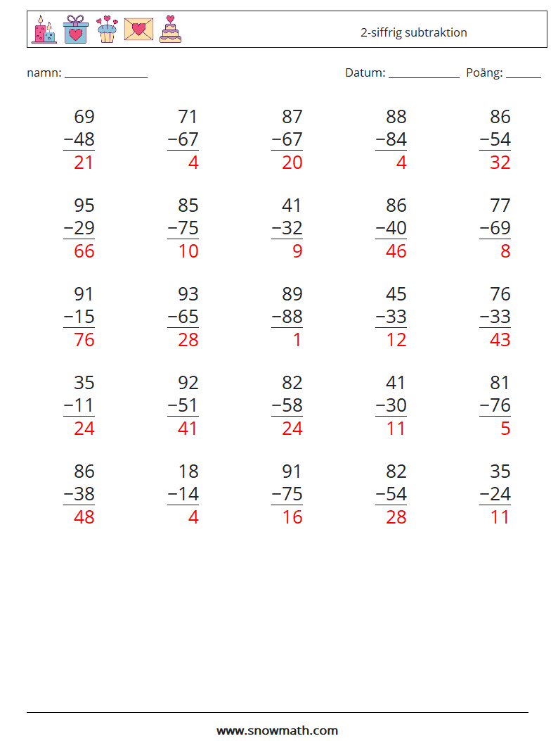 (25) 2-siffrig subtraktion Matematiska arbetsblad 7 Fråga, svar