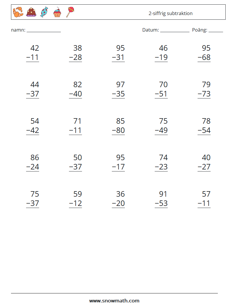 (25) 2-siffrig subtraktion Matematiska arbetsblad 8