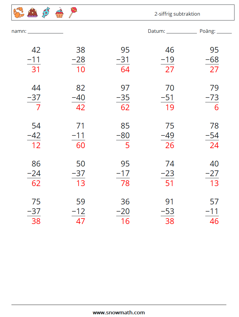 (25) 2-siffrig subtraktion Matematiska arbetsblad 8 Fråga, svar