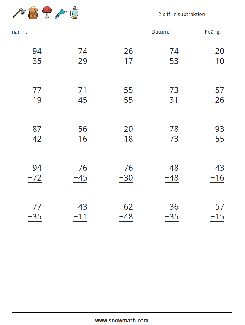 (25) 2-siffrig subtraktion Matematiska arbetsblad 9