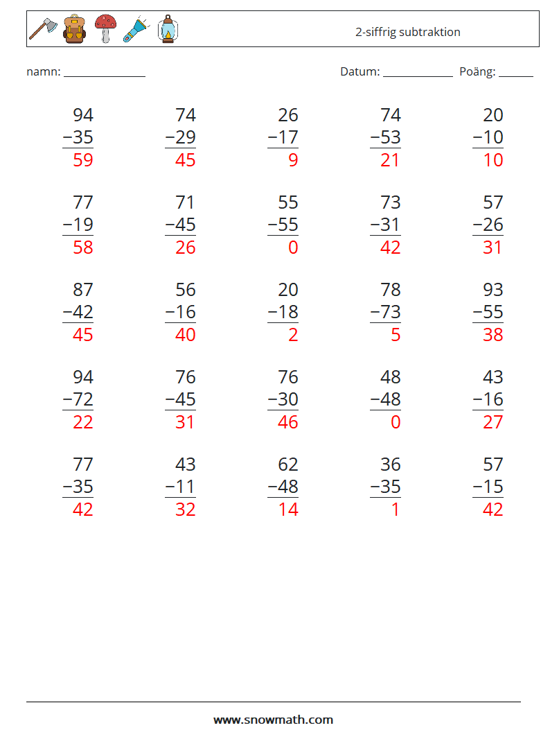 (25) 2-siffrig subtraktion Matematiska arbetsblad 9 Fråga, svar